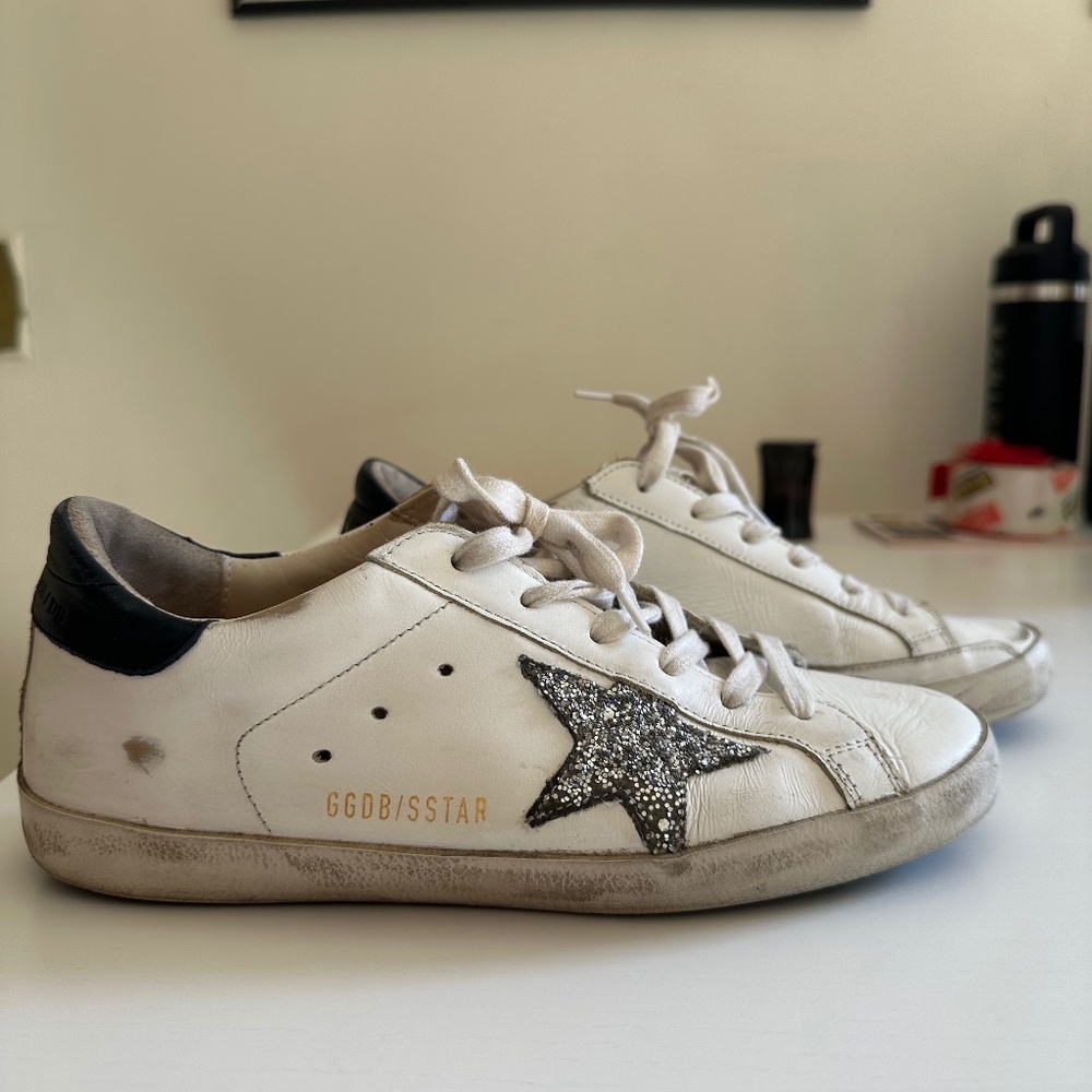 Golden Goose White and Black Sneakers with Silver Star